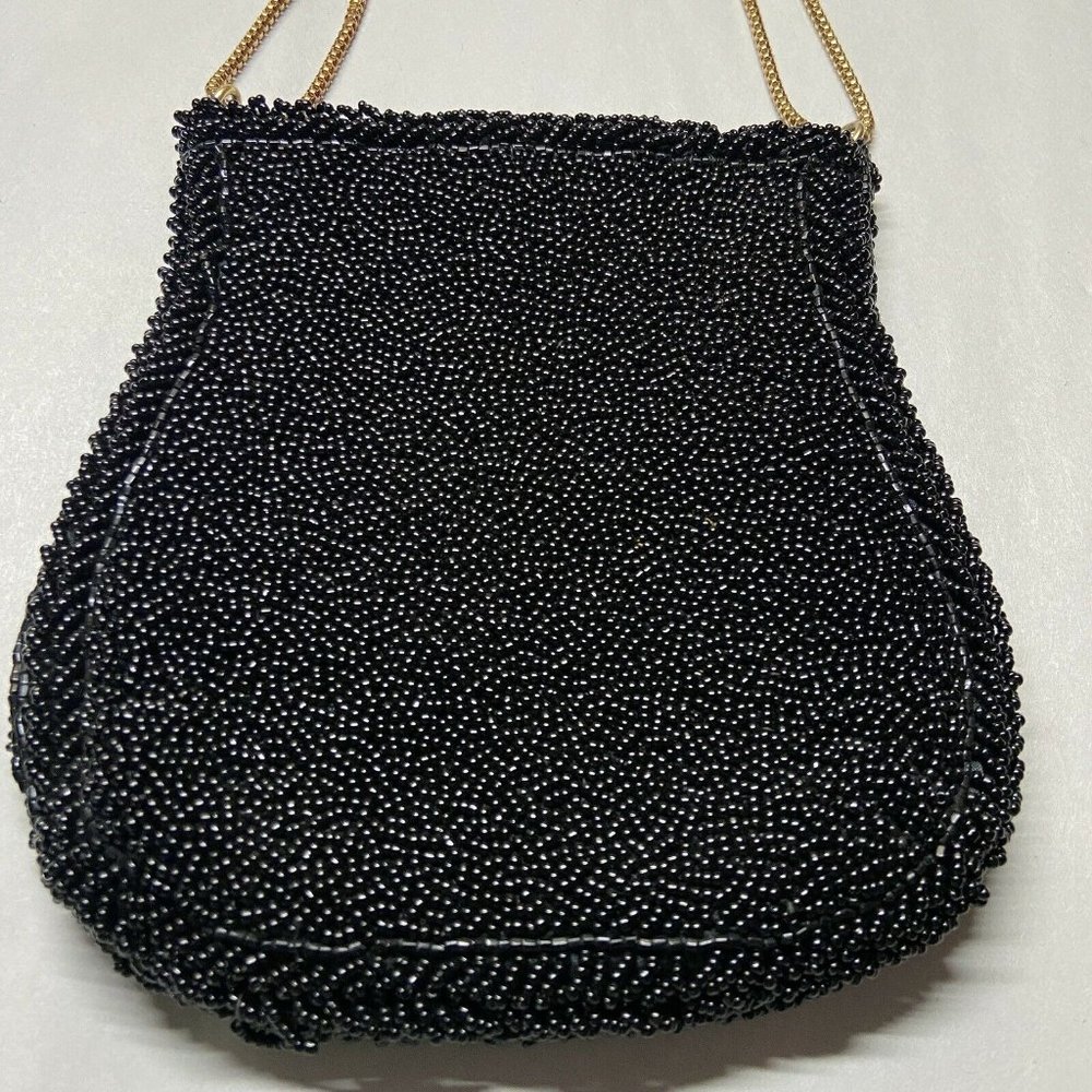 Wabaeg Beaded Black Bag Purse Box Chain Handle Hand Made in Hong Kong Vintage